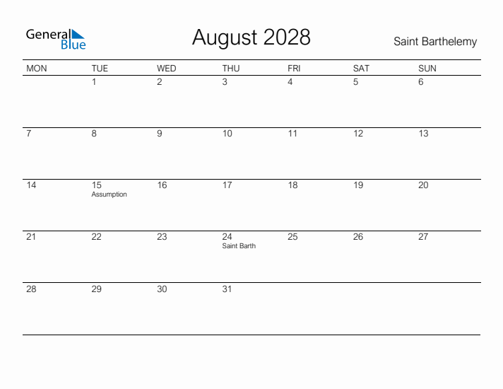 Printable August 2028 Calendar for Saint Barthelemy