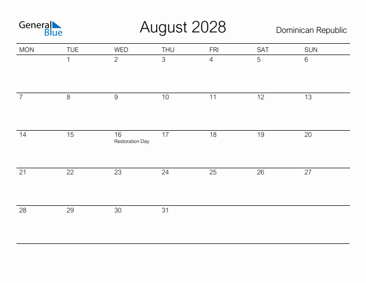 Printable August 2028 Calendar for Dominican Republic