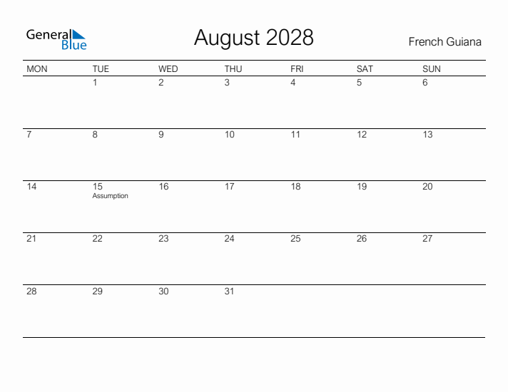 Printable August 2028 Calendar for French Guiana