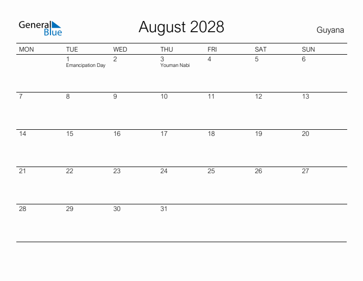 Printable August 2028 Calendar for Guyana