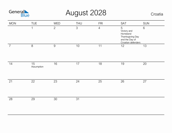 Printable August 2028 Calendar for Croatia