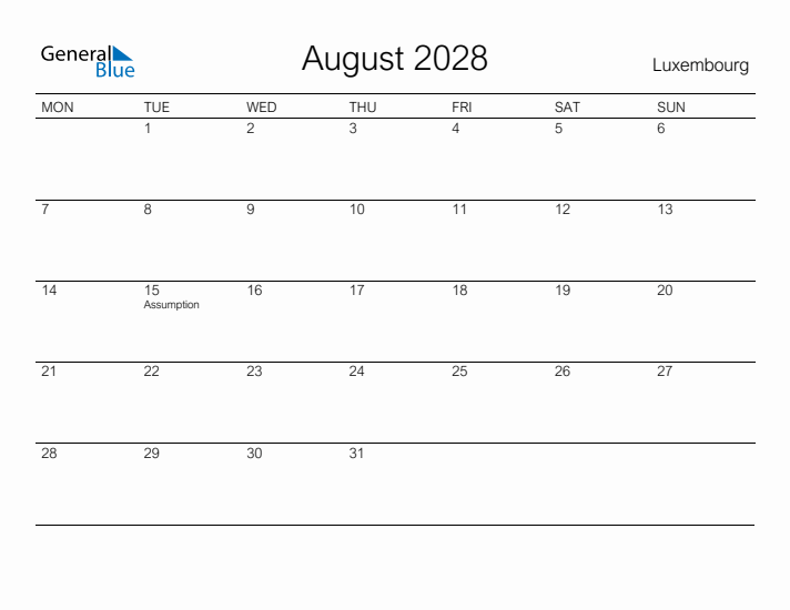 Printable August 2028 Calendar for Luxembourg