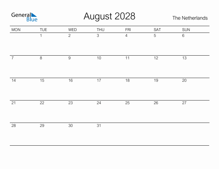 Printable August 2028 Calendar for The Netherlands