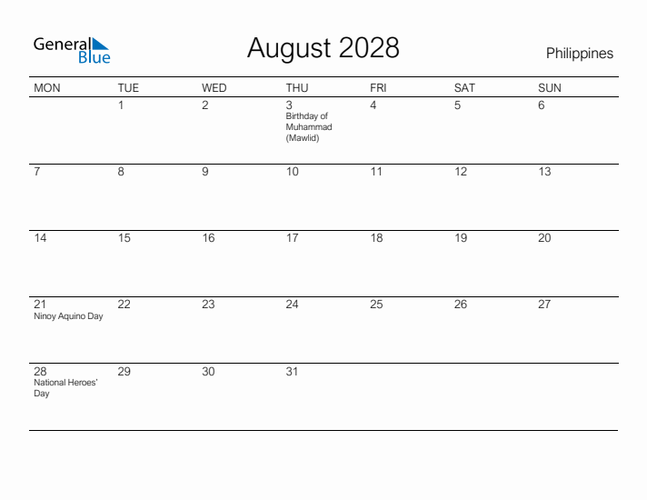 Printable August 2028 Calendar for Philippines