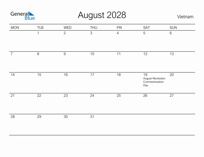 Printable August 2028 Calendar for Vietnam