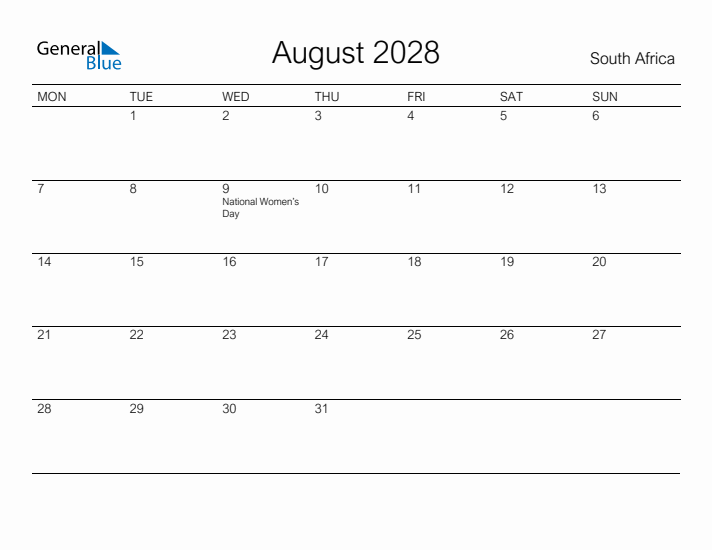 Printable August 2028 Calendar for South Africa