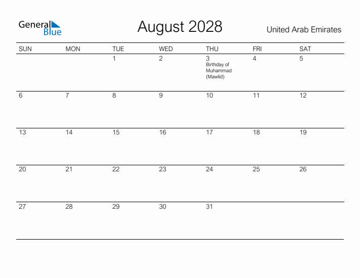 Printable August 2028 Calendar for United Arab Emirates