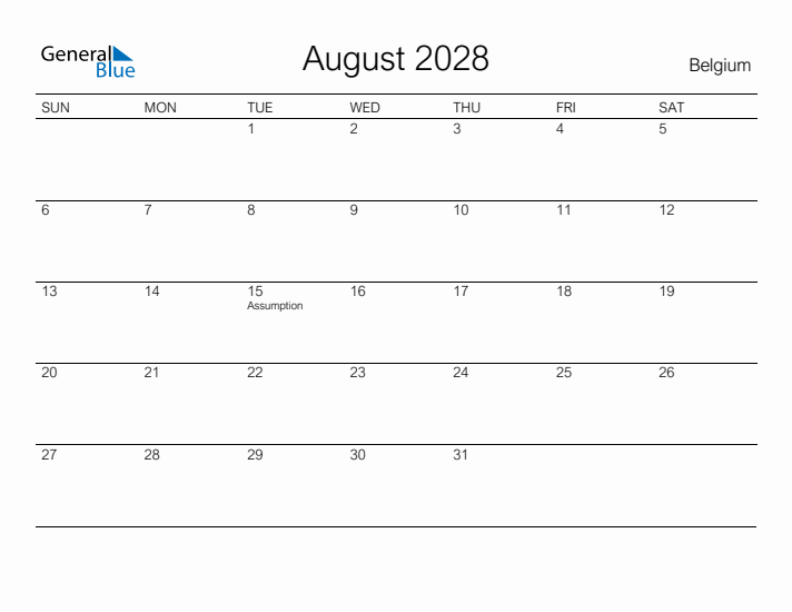 Printable August 2028 Calendar for Belgium