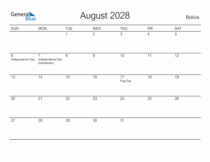 Printable August 2028 Calendar for Bolivia