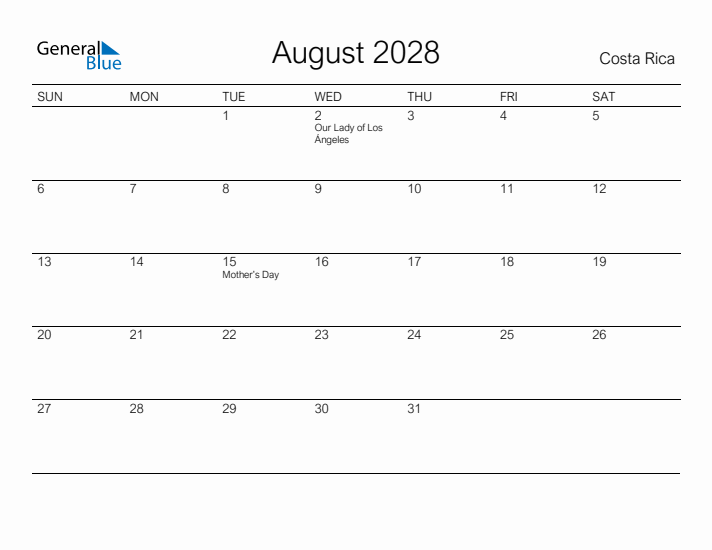 Printable August 2028 Calendar for Costa Rica