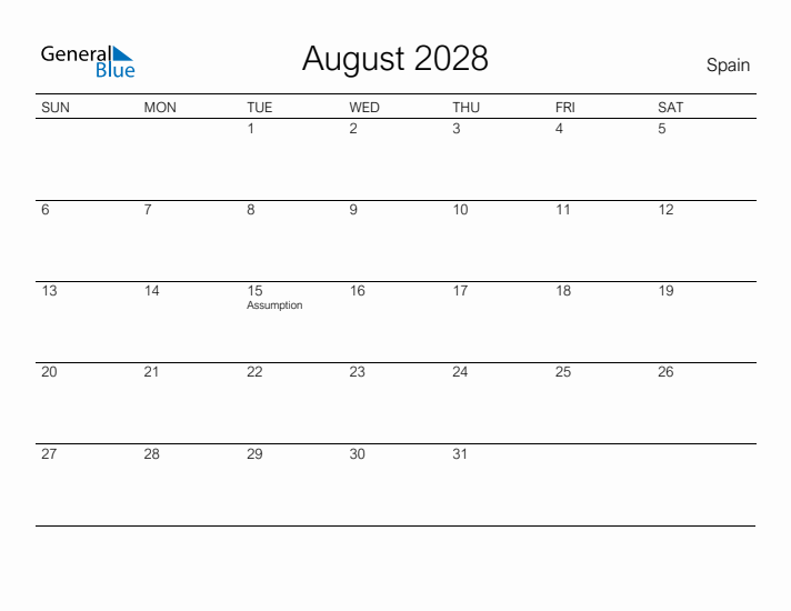 Printable August 2028 Calendar for Spain