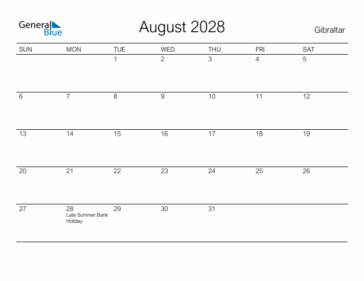 Printable August 2028 Calendar for Gibraltar