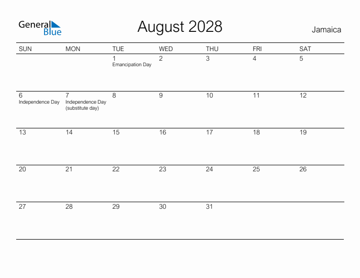 Printable August 2028 Calendar for Jamaica