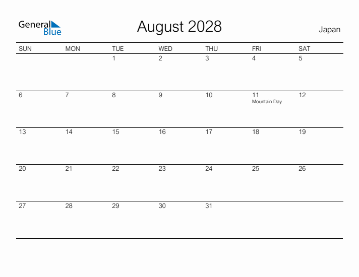 Printable August 2028 Calendar for Japan