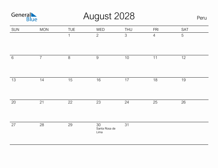 Printable August 2028 Calendar for Peru