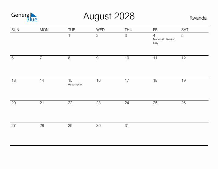 Printable August 2028 Calendar for Rwanda