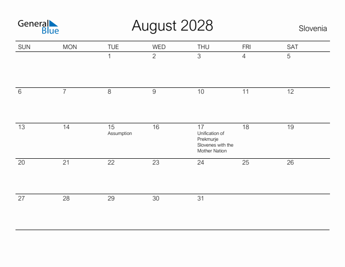 Printable August 2028 Calendar for Slovenia