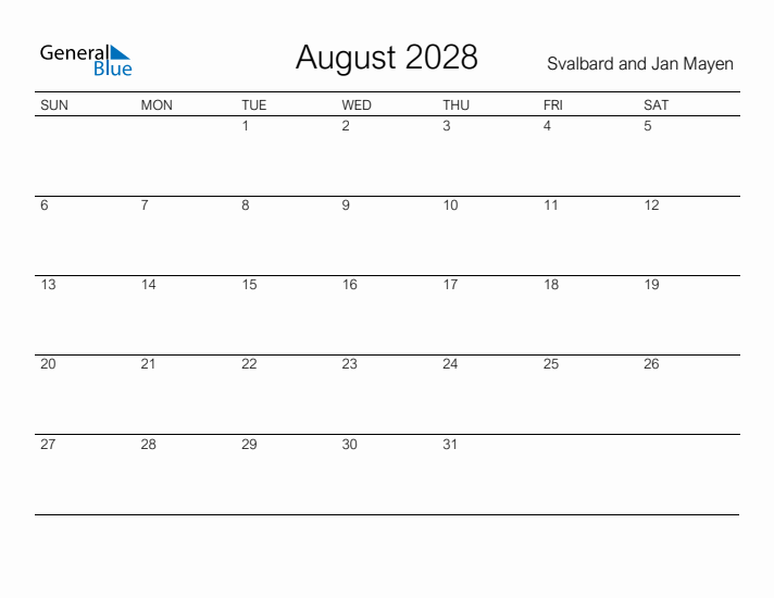 Printable August 2028 Calendar for Svalbard and Jan Mayen