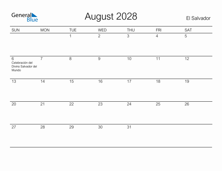 Printable August 2028 Calendar for El Salvador