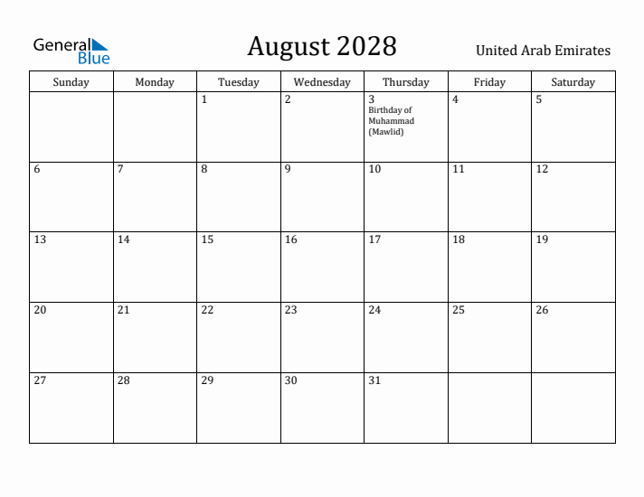 August 2028 Calendar United Arab Emirates