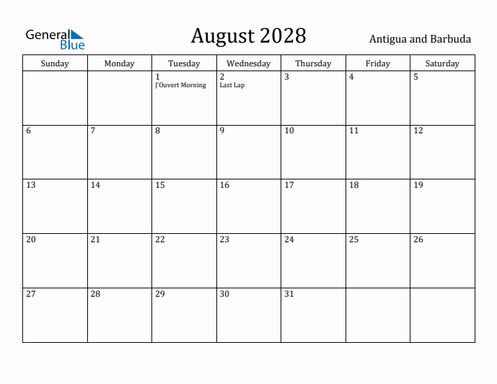 August 2028 Calendar Antigua and Barbuda