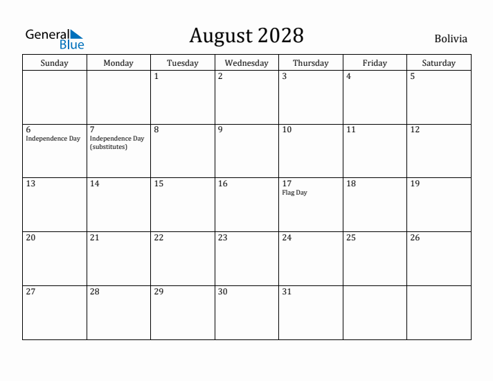 August 2028 Calendar Bolivia