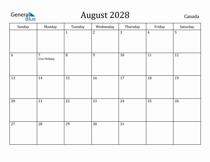 August 2028 Calendar Canada