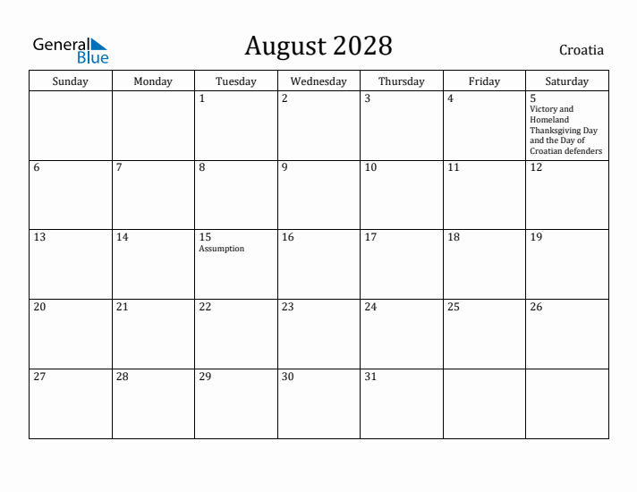 August 2028 Calendar Croatia