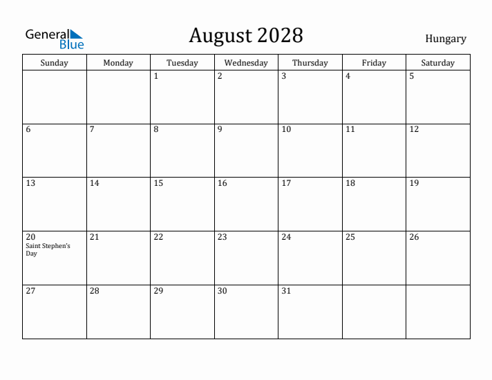 August 2028 Calendar Hungary