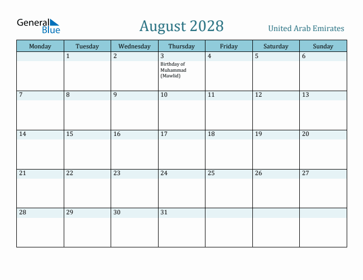 August 2028 Calendar with Holidays