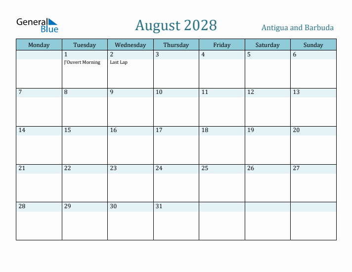 August 2028 Calendar with Holidays