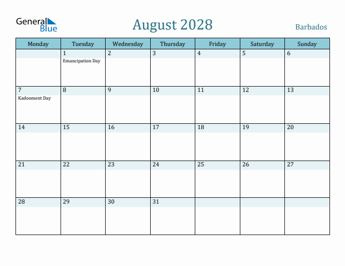 August 2028 Calendar with Holidays