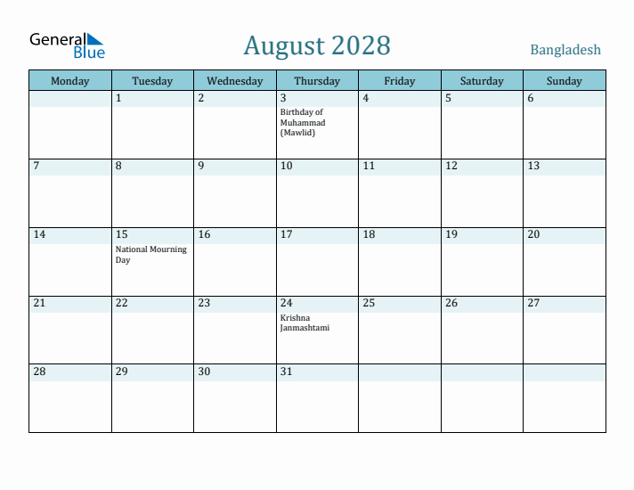 August 2028 Calendar with Holidays