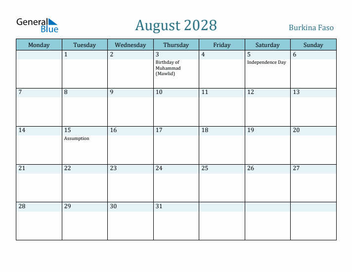 August 2028 Calendar with Holidays