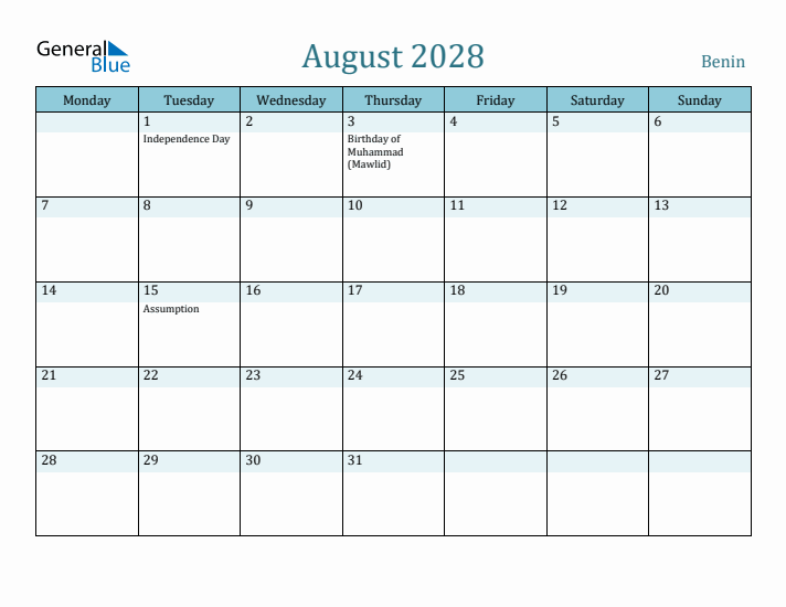 August 2028 Calendar with Holidays