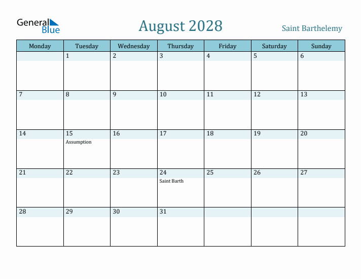 August 2028 Calendar with Holidays