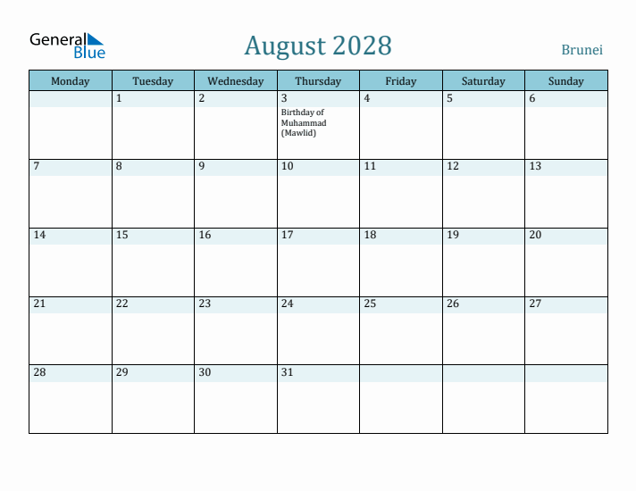 August 2028 Calendar with Holidays