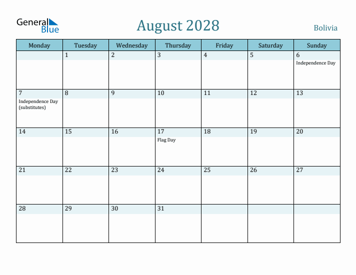 August 2028 Calendar with Holidays