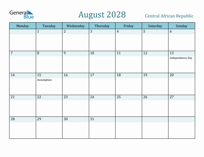 August 2028 Calendar with Holidays