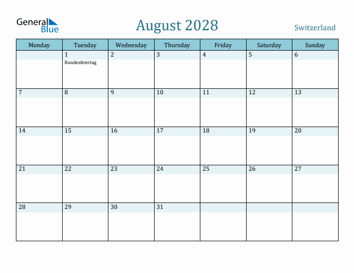 August 2028 Calendar with Holidays