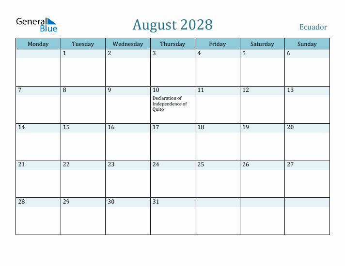 August 2028 Calendar with Holidays