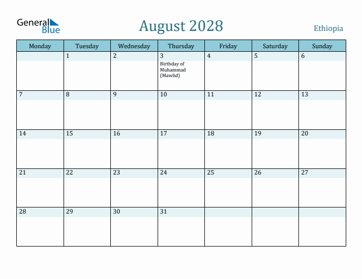 August 2028 Calendar with Holidays