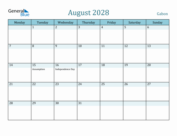 August 2028 Calendar with Holidays