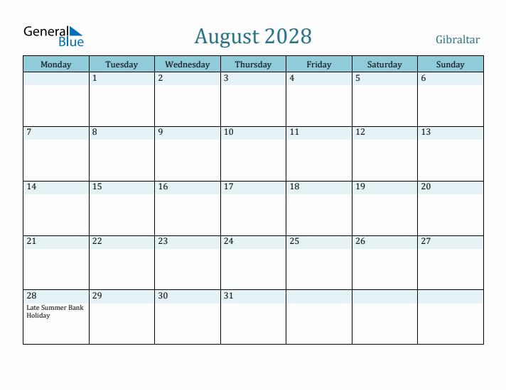 August 2028 Calendar with Holidays