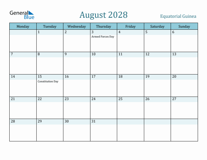 August 2028 Calendar with Holidays