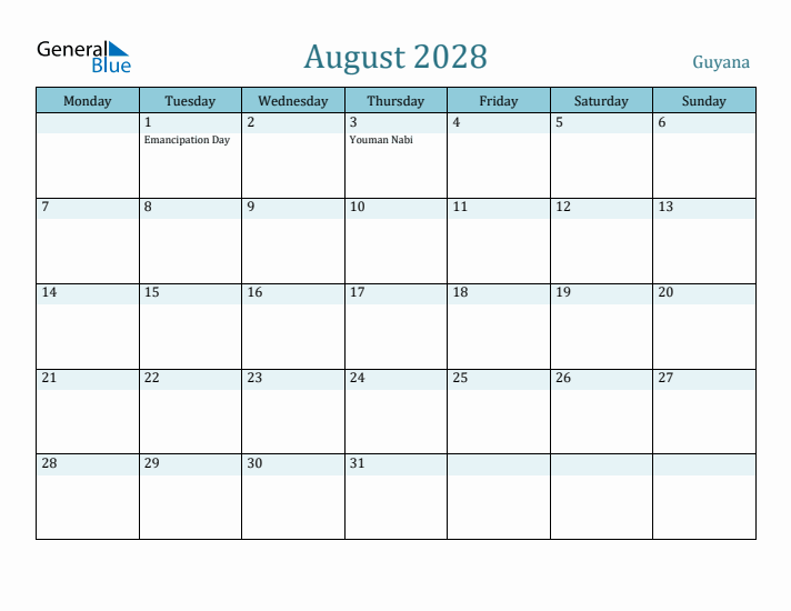 August 2028 Calendar with Holidays