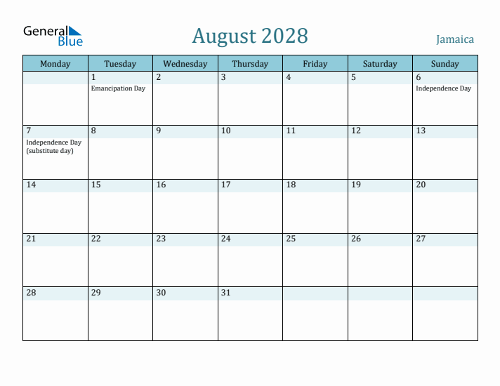 August 2028 Calendar with Holidays