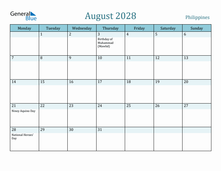 August 2028 Calendar with Holidays