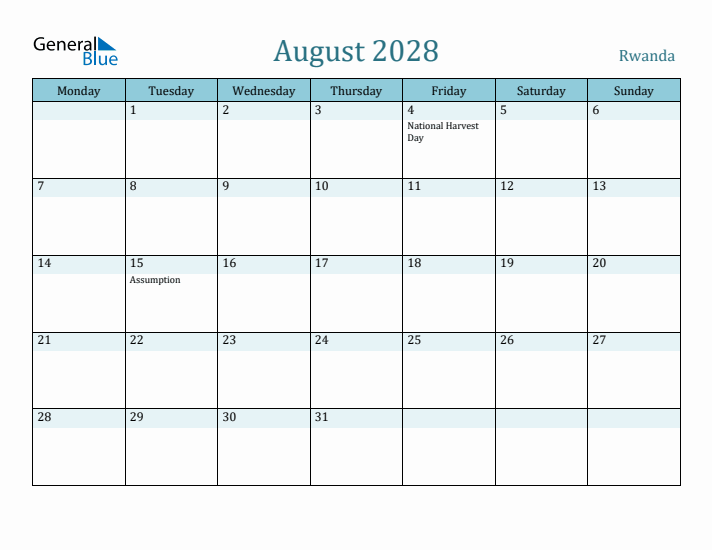 August 2028 Calendar with Holidays