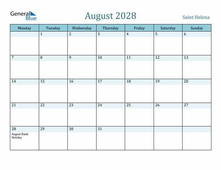 August 2028 Calendar with Holidays